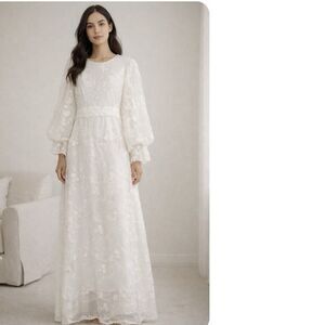 Veiled Romaissa White Lace Maxi Dress XL NEW Modest Modest Bridal Long Sleeve